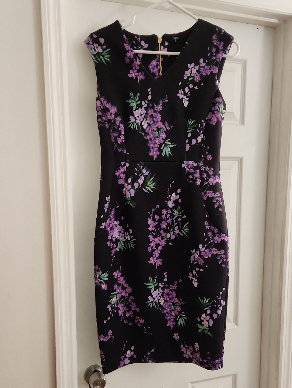 Tahari Black Sheath Dress with Purple Floral Print